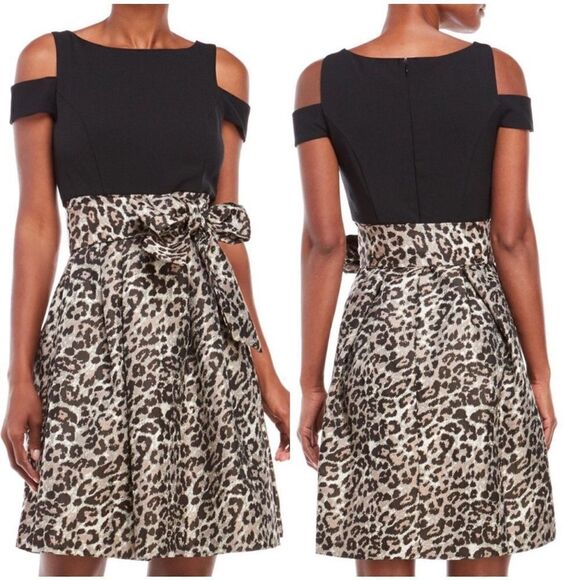 Eliza J Black Cold Shoulder Leopard Print Dress sz 4 - Picture 1 of 8